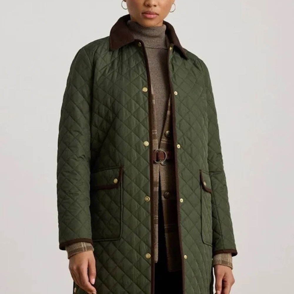 Quilted Olive Green Quilted Coat with Brown Accents